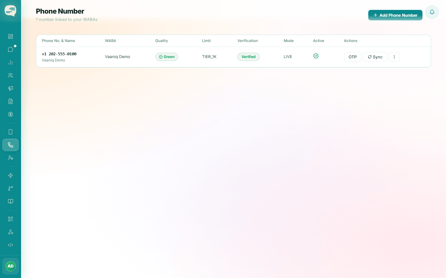 Phone Numbers page with a number showing quality rating, messaging limit, verification status and OTP and Sync buttons