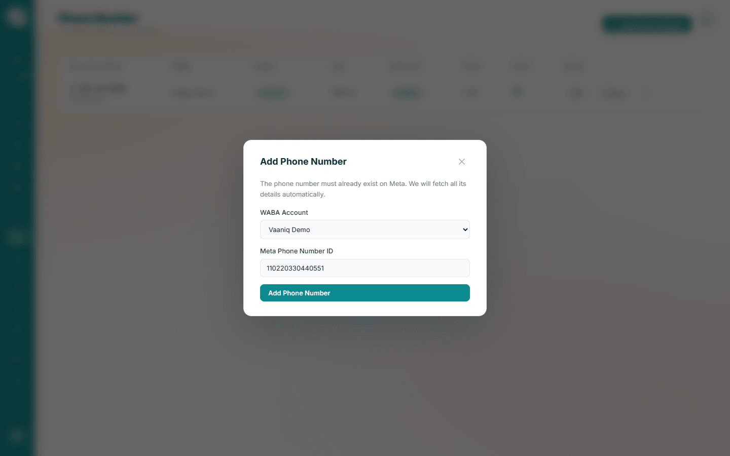 Add Phone Number dialog with a WABA Account selector and a Meta Phone Number ID field