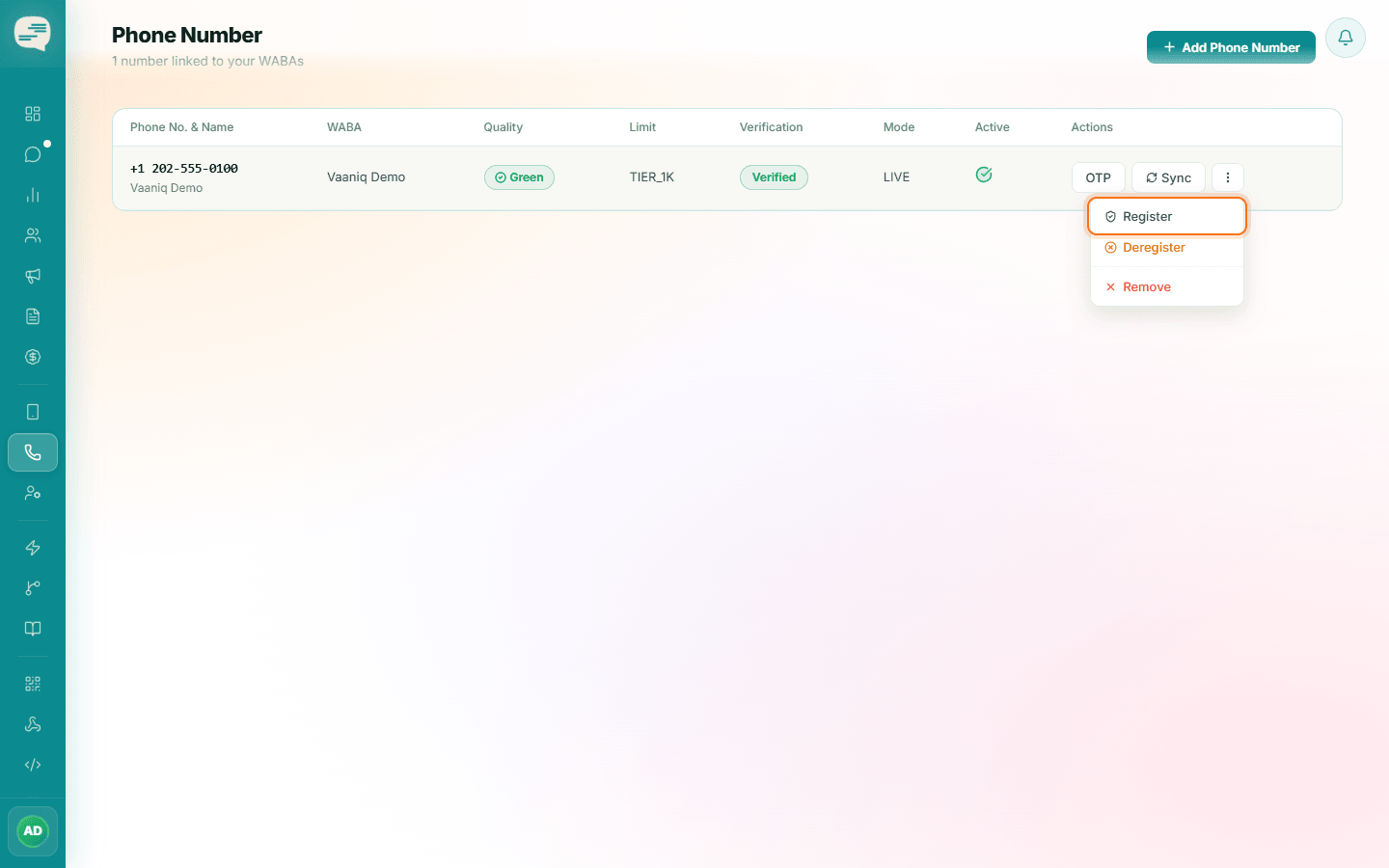Row menu on the Phone Numbers page with Register highlighted, plus Deregister and Remove