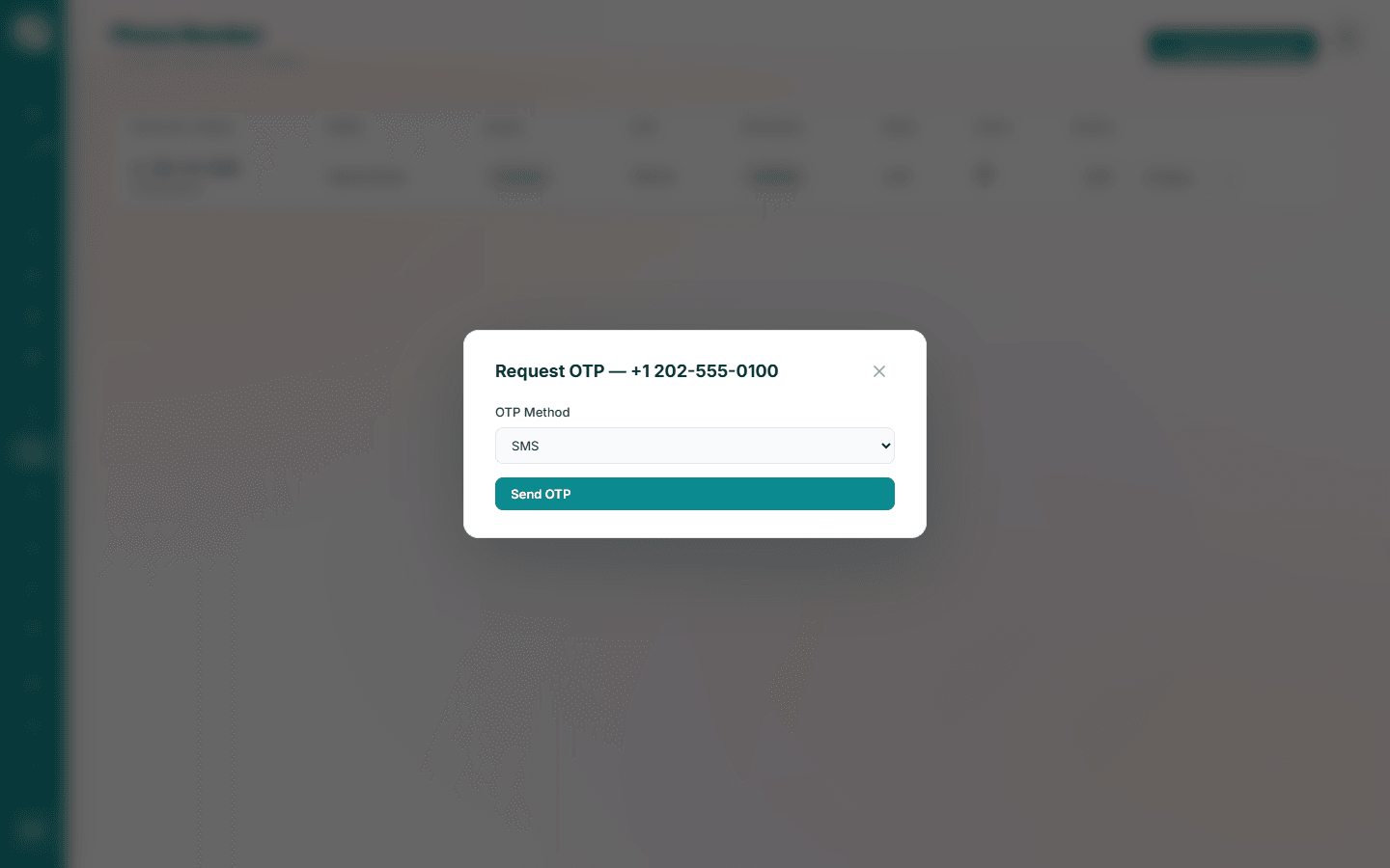 Request OTP dialog with an OTP Method dropdown set to SMS and a Send OTP button