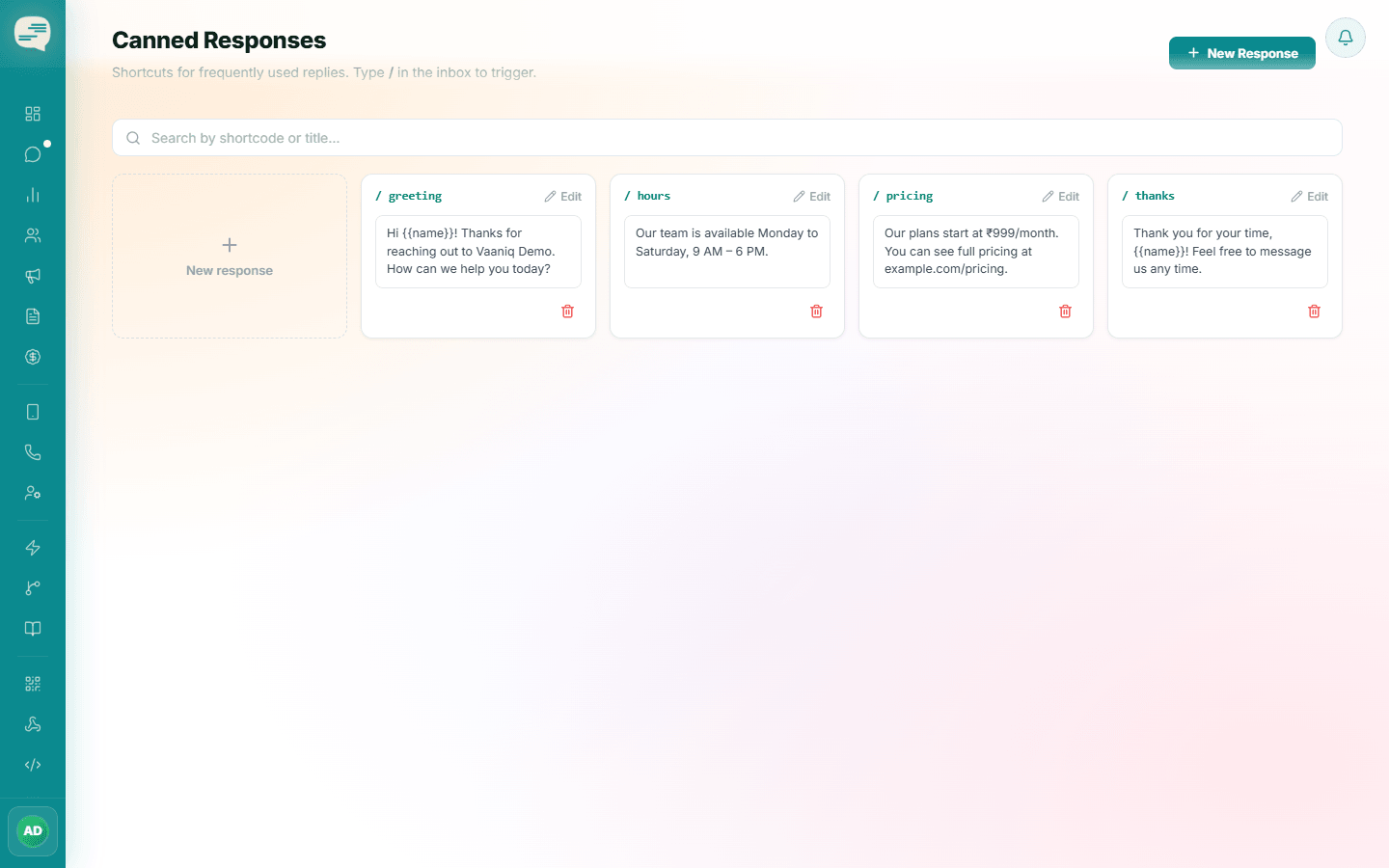 Canned Responses settings page with saved shortcodes such as greeting, hours, pricing and thanks