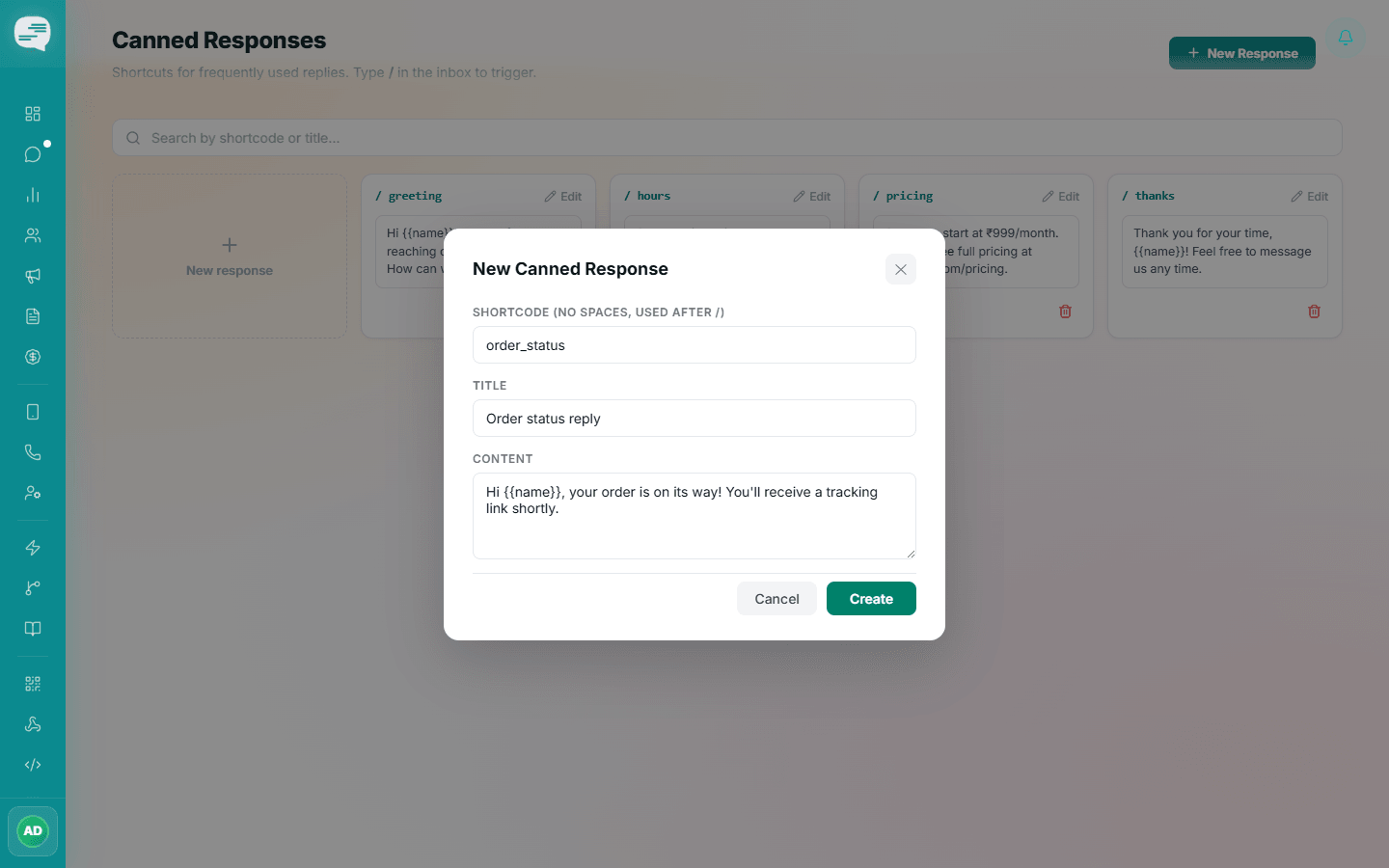 New Canned Response dialog with shortcode, title and content using the {{name}} variable