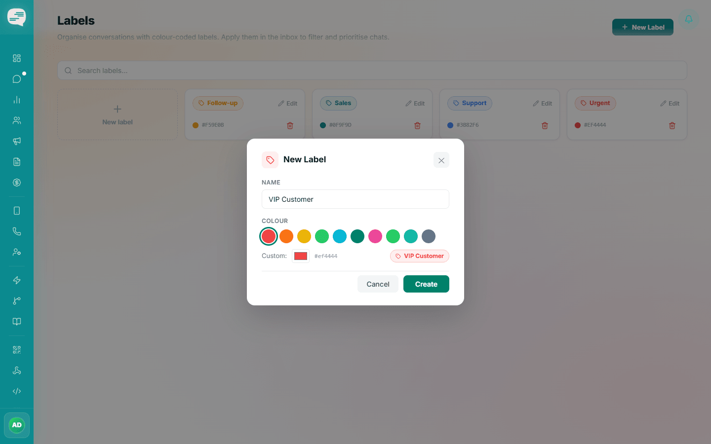 New Label dialog with a name, colour presets and a custom colour picker