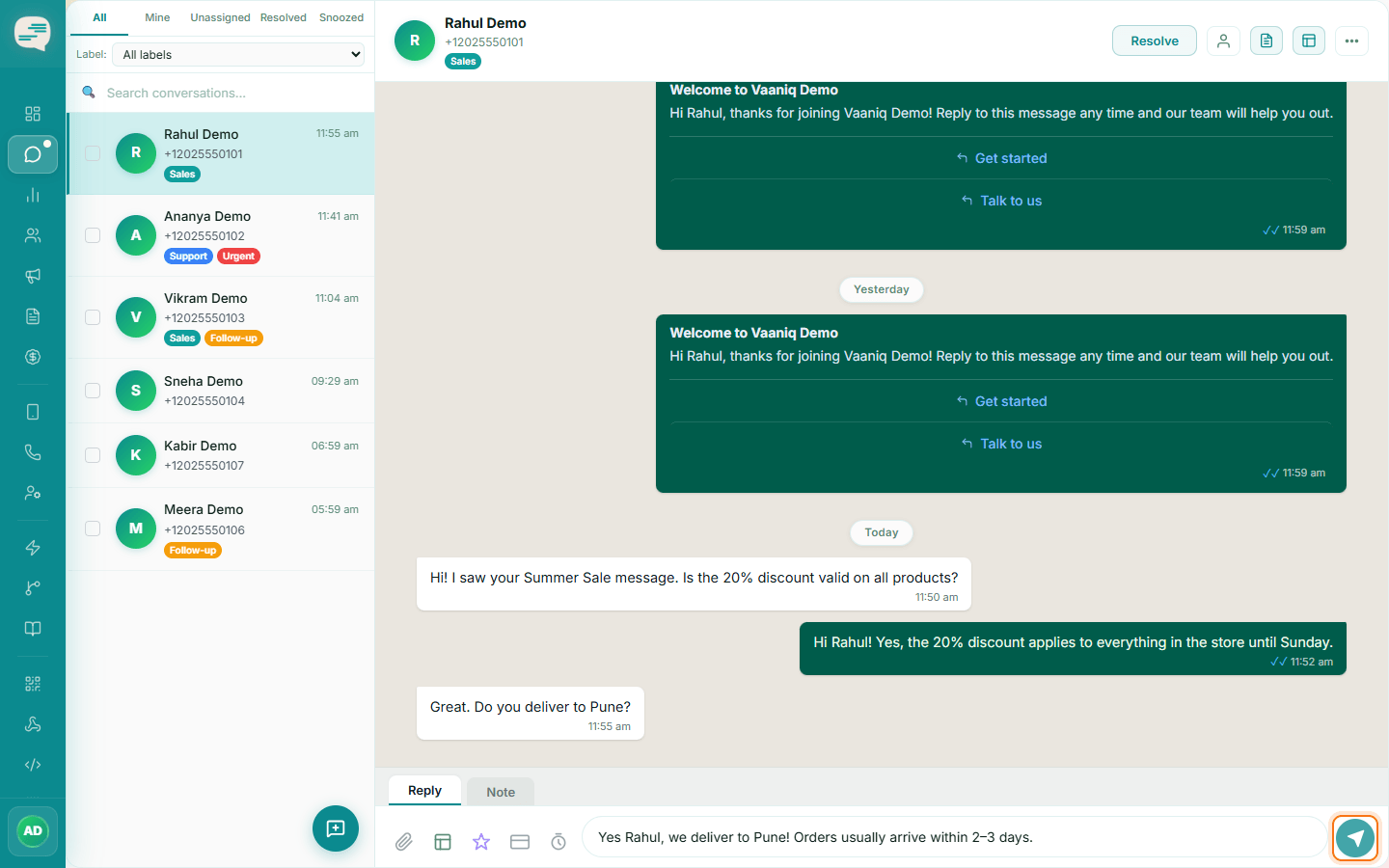 Composer with a typed reply and the Send button highlighted