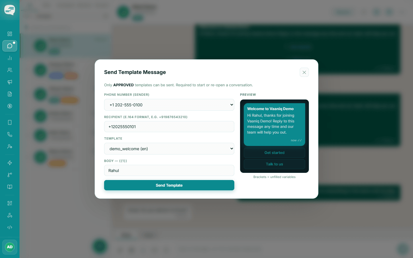 Send Template Message dialog with sender number, recipient, demo_welcome template, a variable value and a live preview