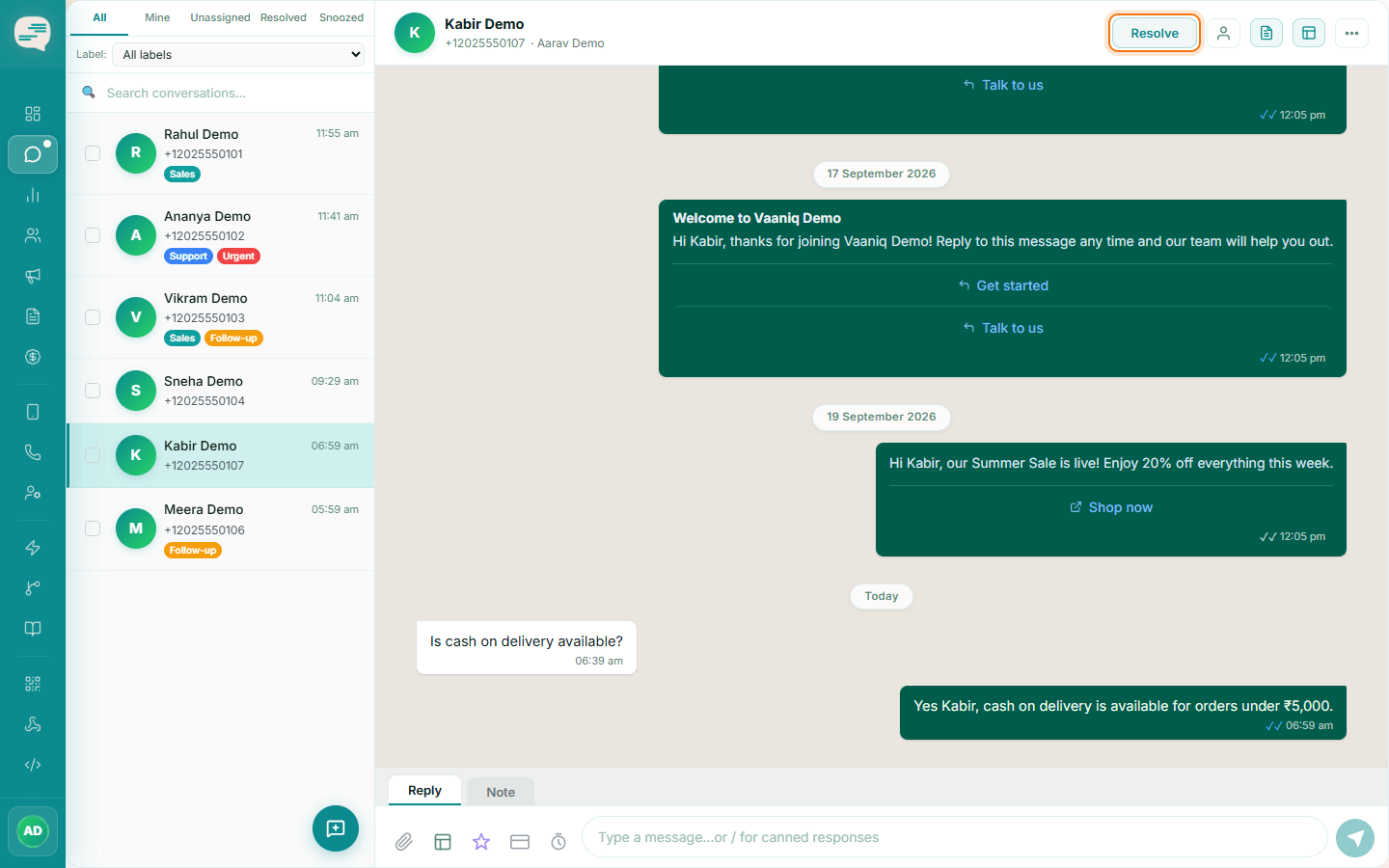 Conversation header with the Resolve button highlighted