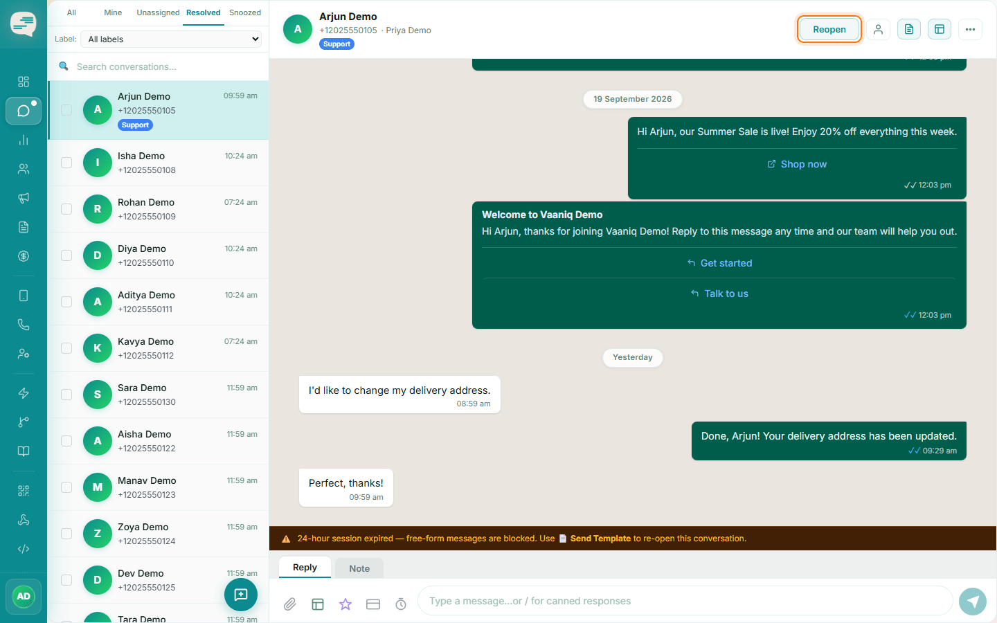 Resolved conversation in the Resolved tab with the Reopen button highlighted