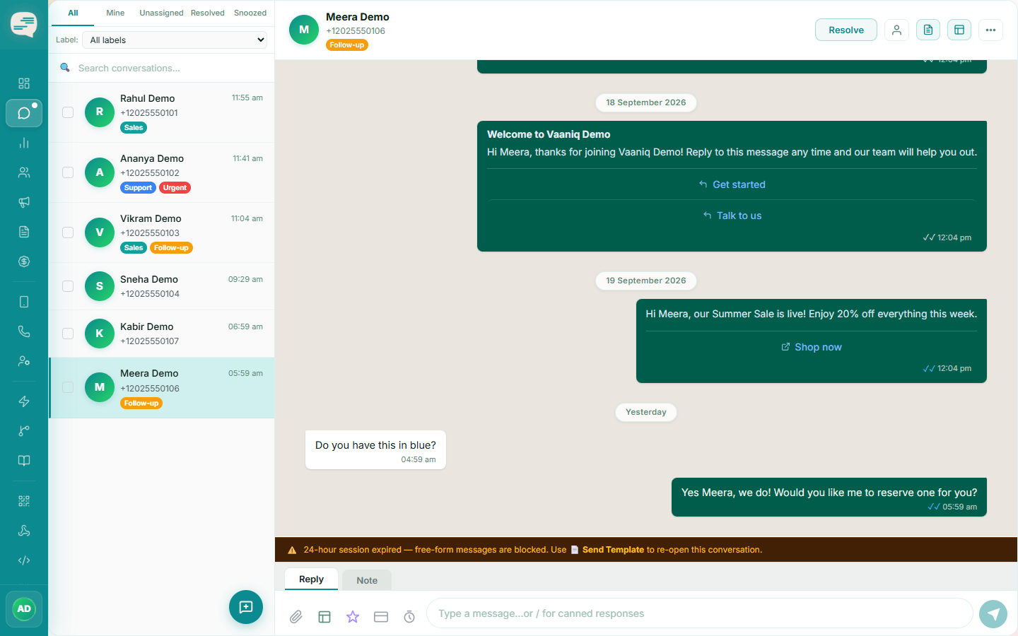 Conversation showing a 24-hour session expired warning above the composer