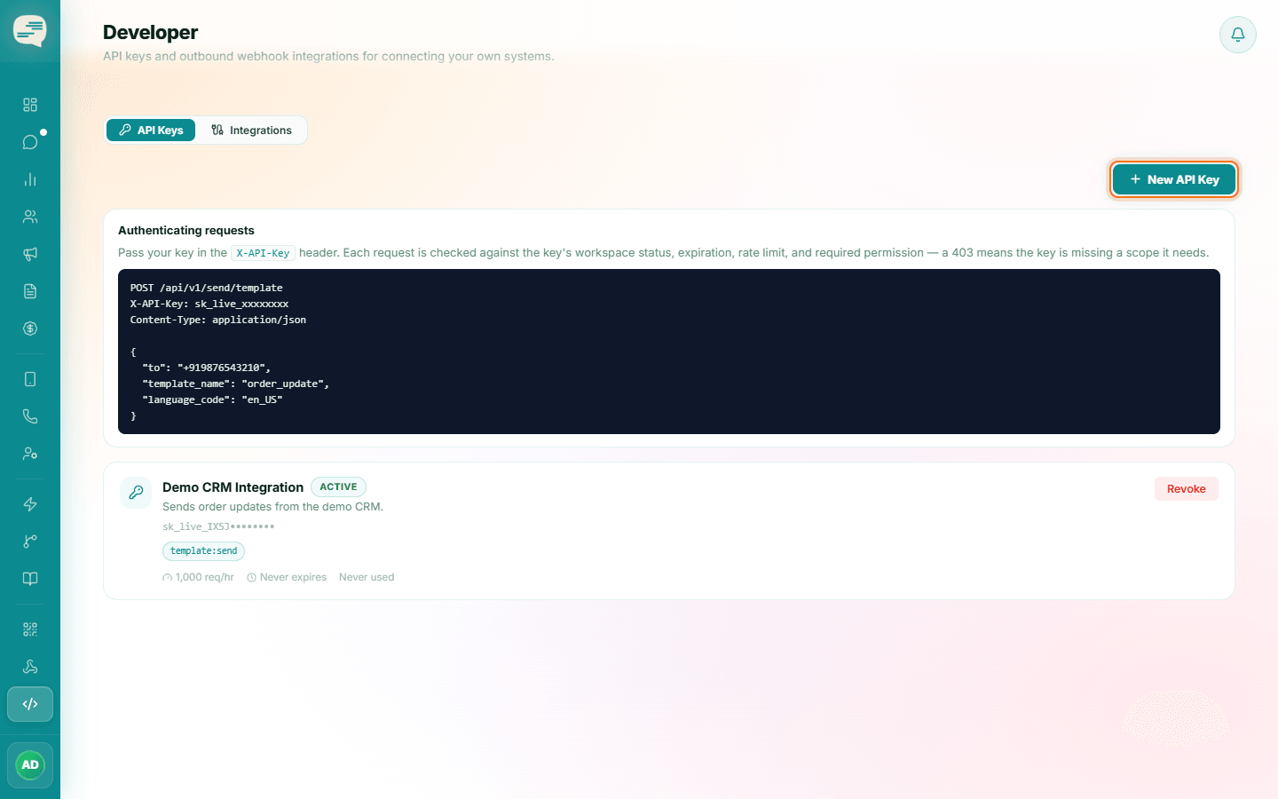 Developer page API Keys tab with the New API Key button highlighted