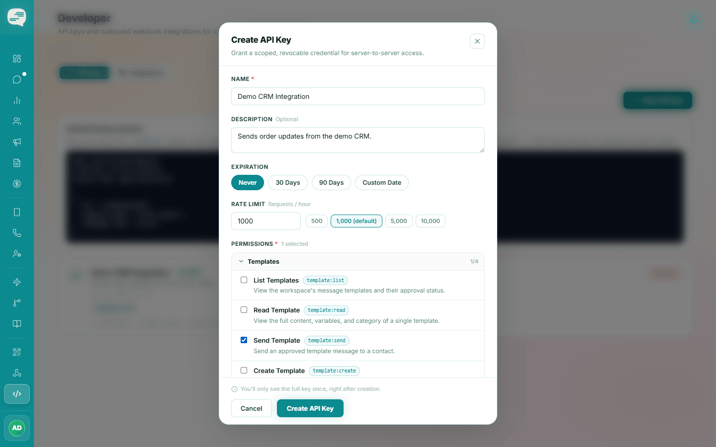 Create API Key dialog with name, description, expiration, rate limit and the template:send permission selected