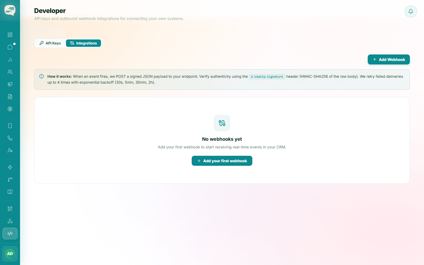 Developer page Integrations tab with an Add Webhook button and signing notes