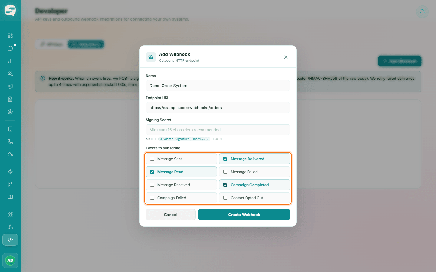 Add Webhook dialog with name, endpoint URL, signing secret and selected events
