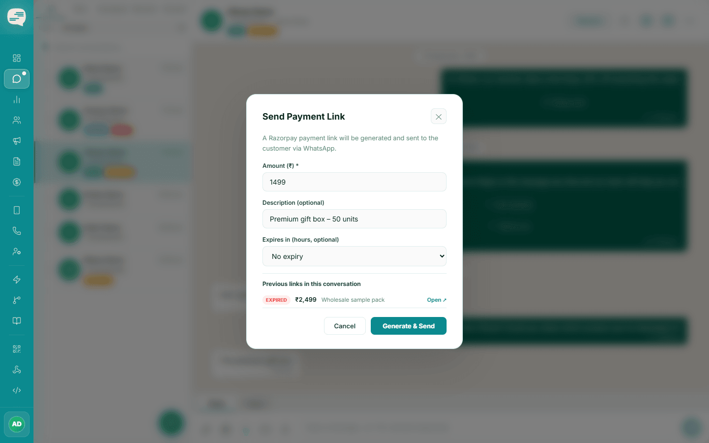 Send Payment Link dialog with an amount, description, expiry option and a Generate & Send button