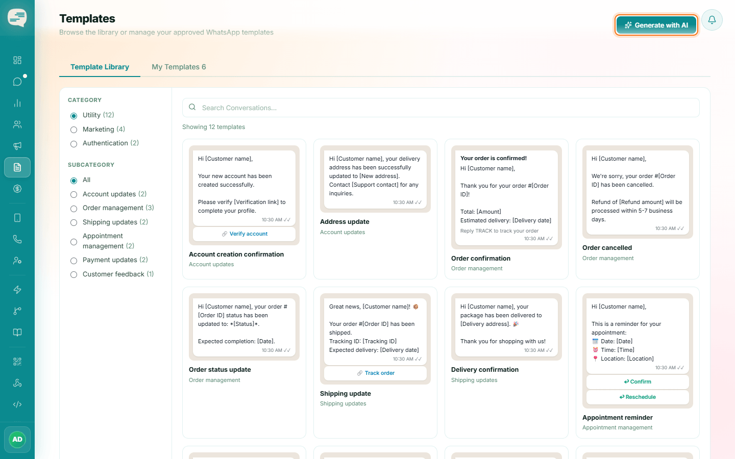 Templates page with the Generate with AI button highlighted