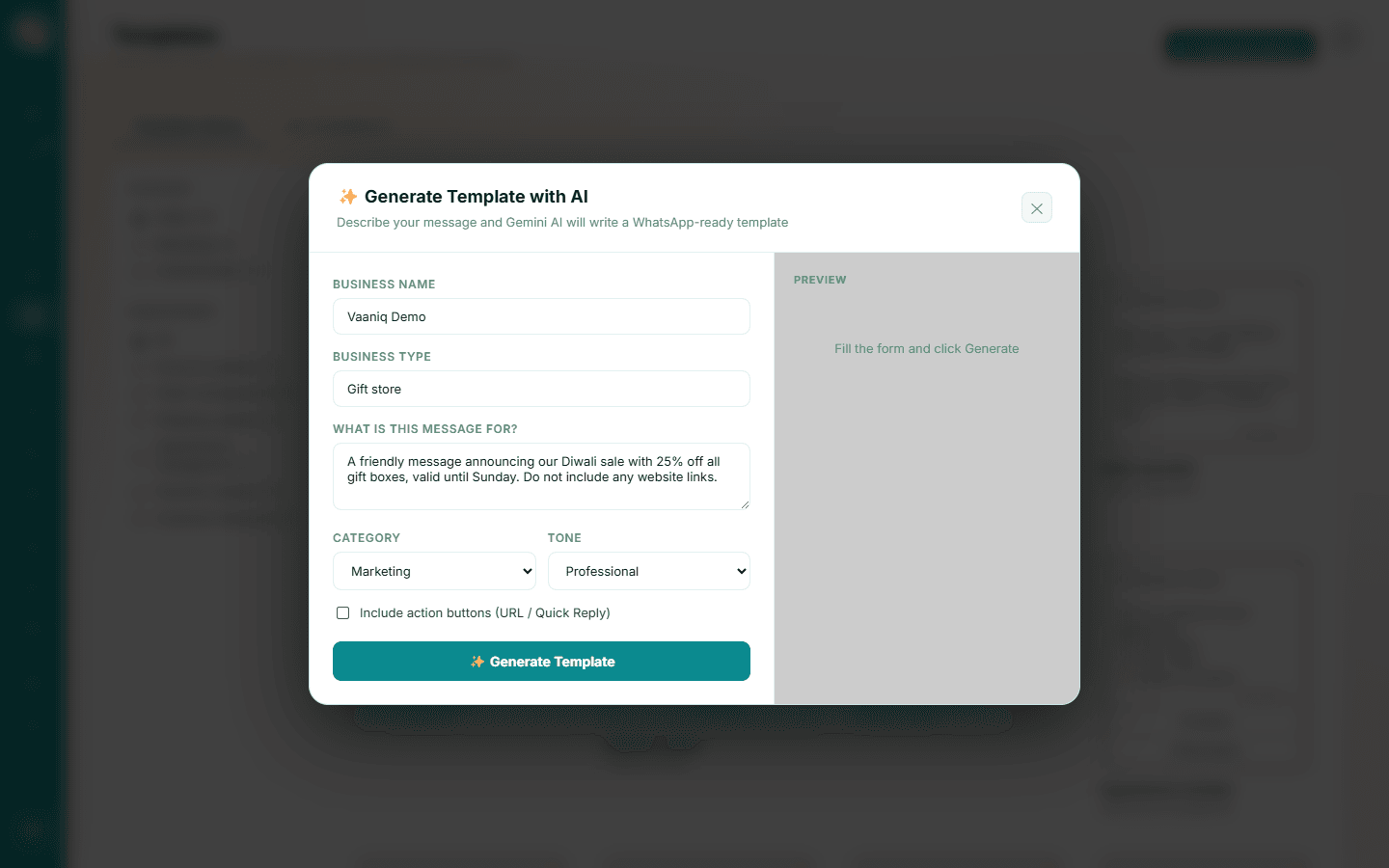 Generate Template with AI dialog with business name, business type, message description, category and tone