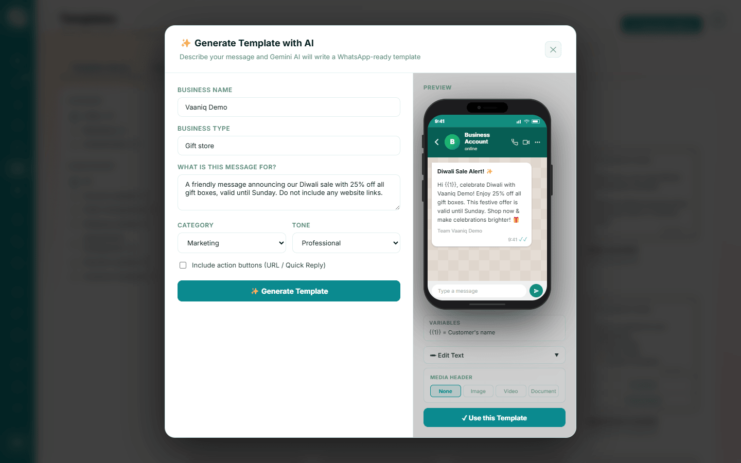 AI-generated Diwali sale template shown in a phone preview with a Use this Template button