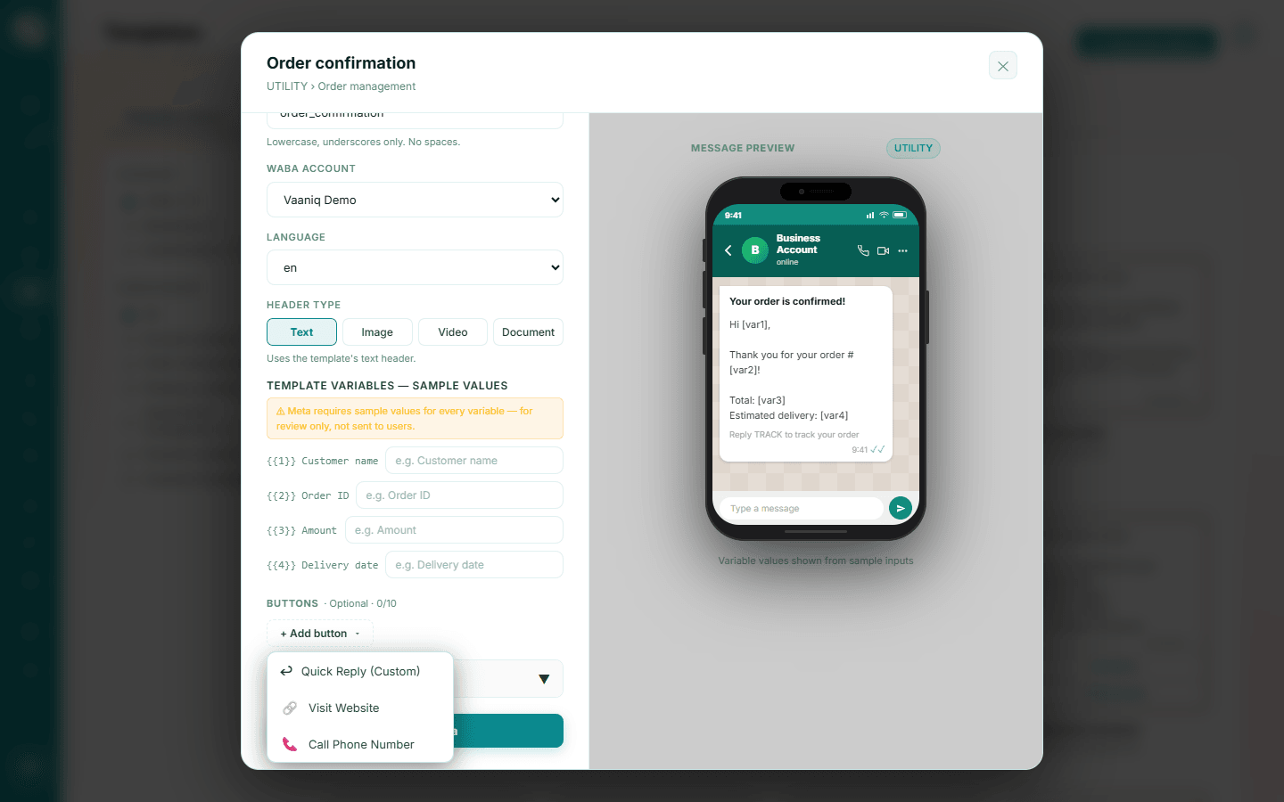 Add button menu listing Quick Reply (Custom), Visit Website and Call Phone Number