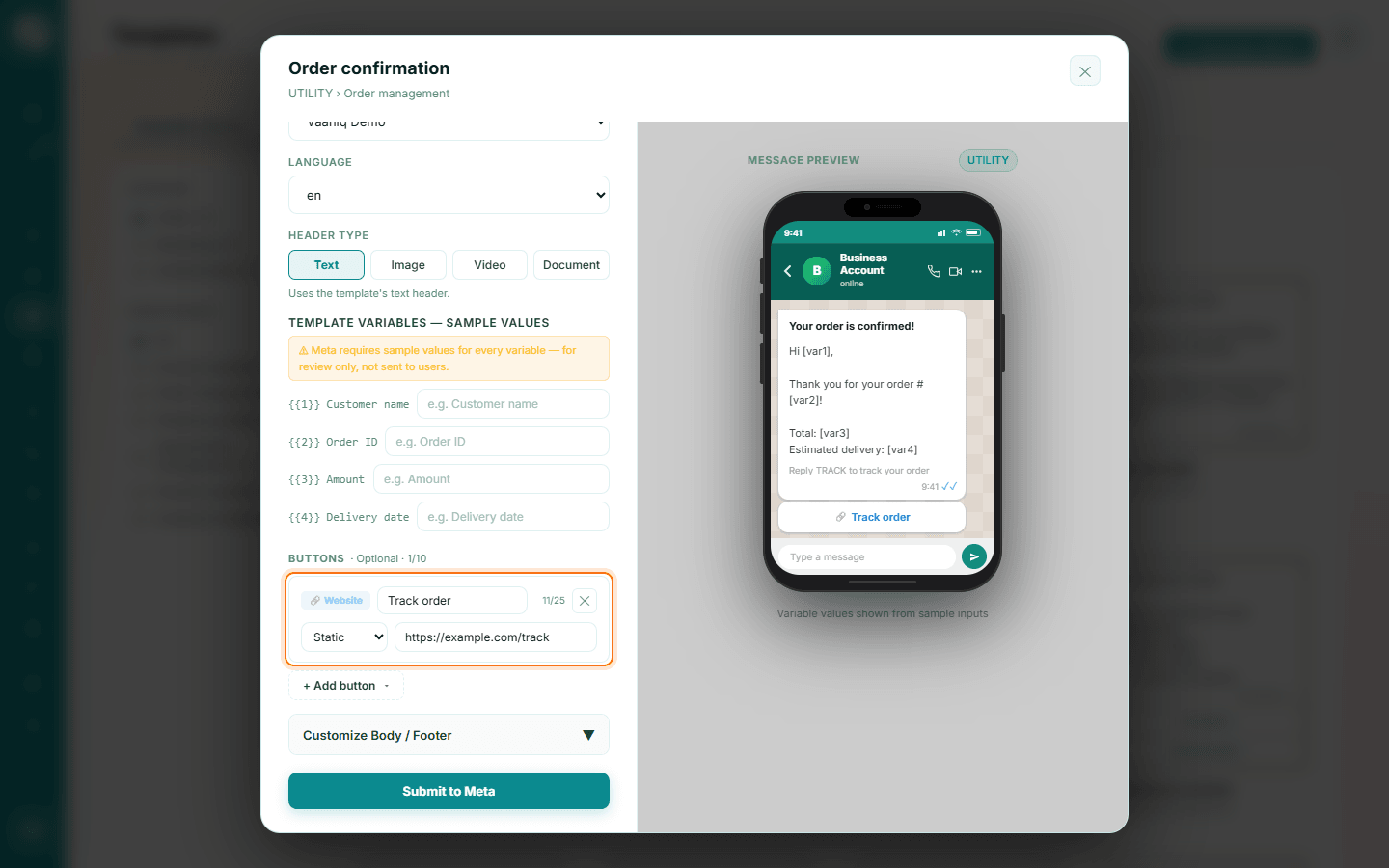 Website button with the label Track order and a destination URL, shown in the message preview