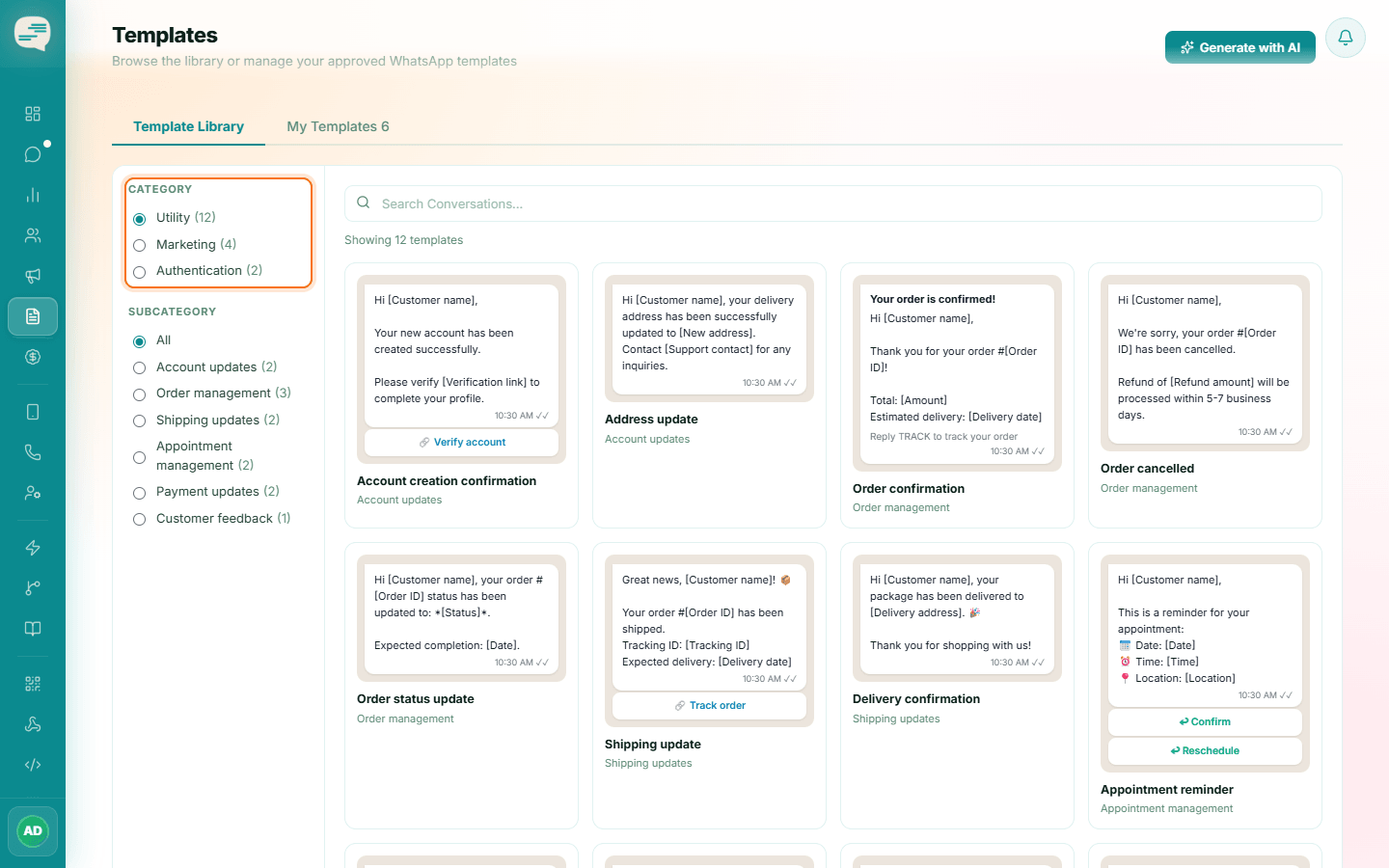 Templates page Template Library with Category filters highlighted