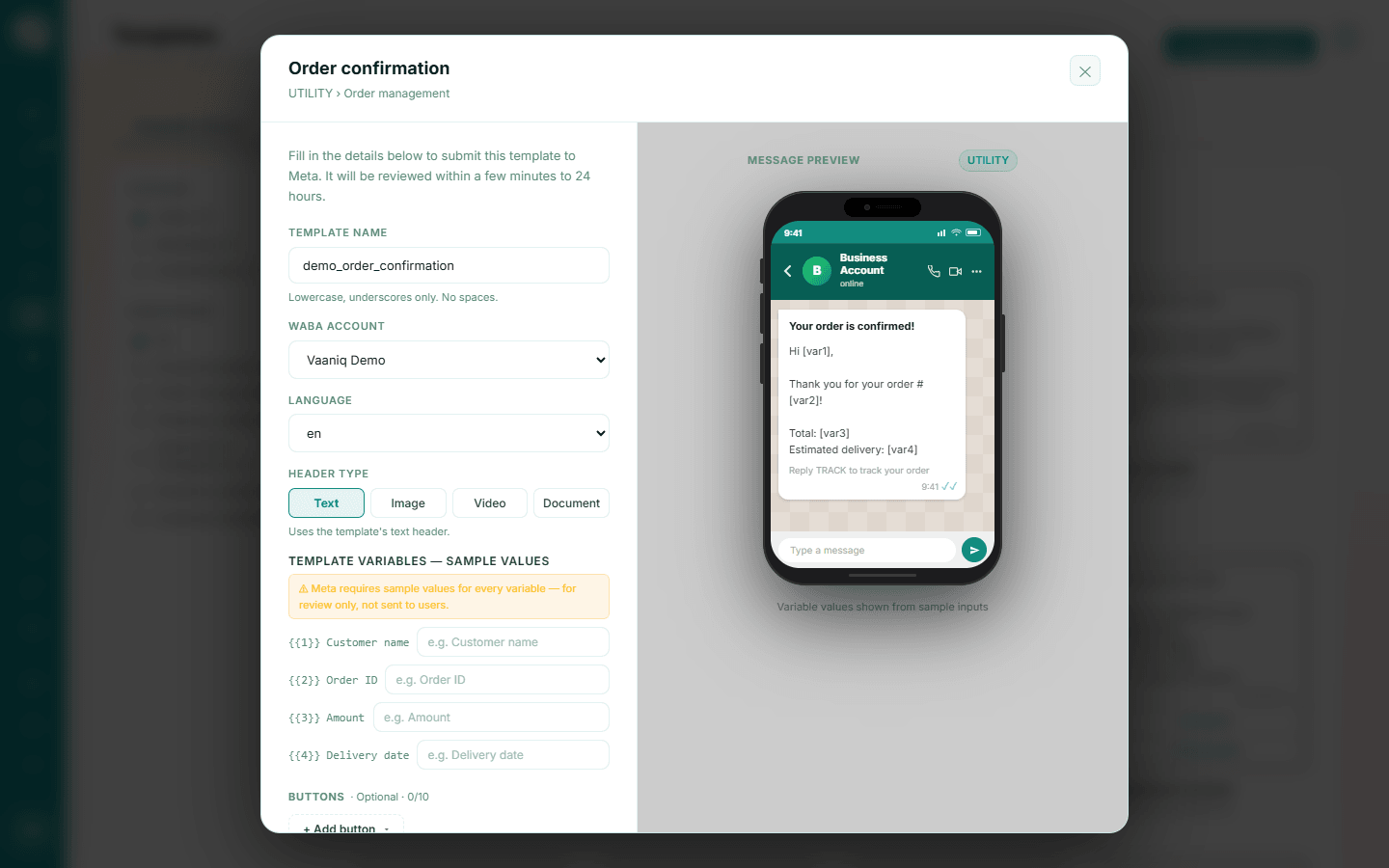 Template setup form with the template name demo_order_confirmation, WABA account and language