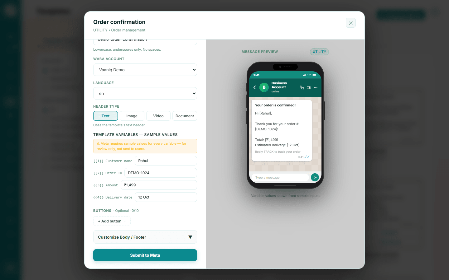 Template setup form with sample values for each variable and a live message preview