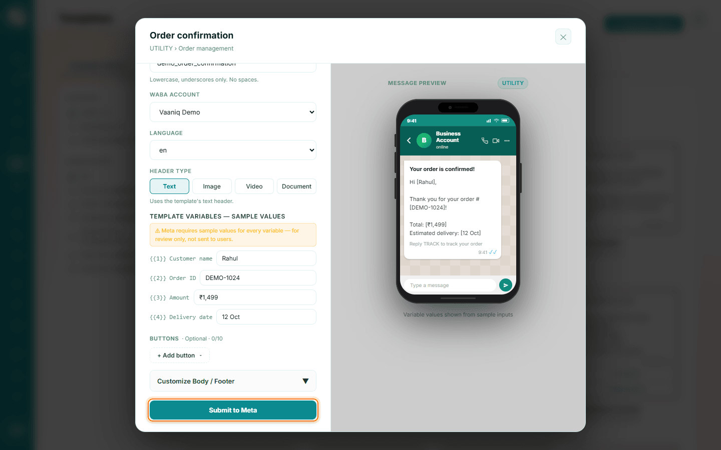Template setup form with the Submit to Meta button highlighted