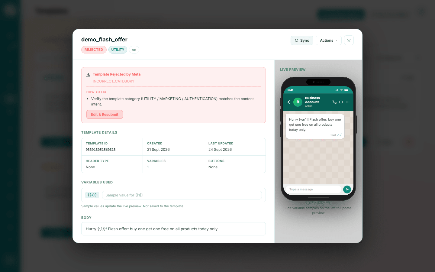 Rejected template details with Meta's reason, a how-to-fix hint and an Edit & Resubmit button