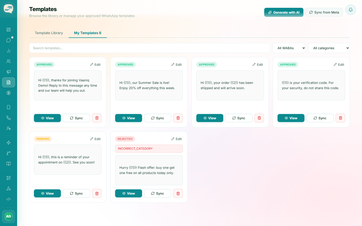 My Templates list showing Approved, Pending and Rejected status badges