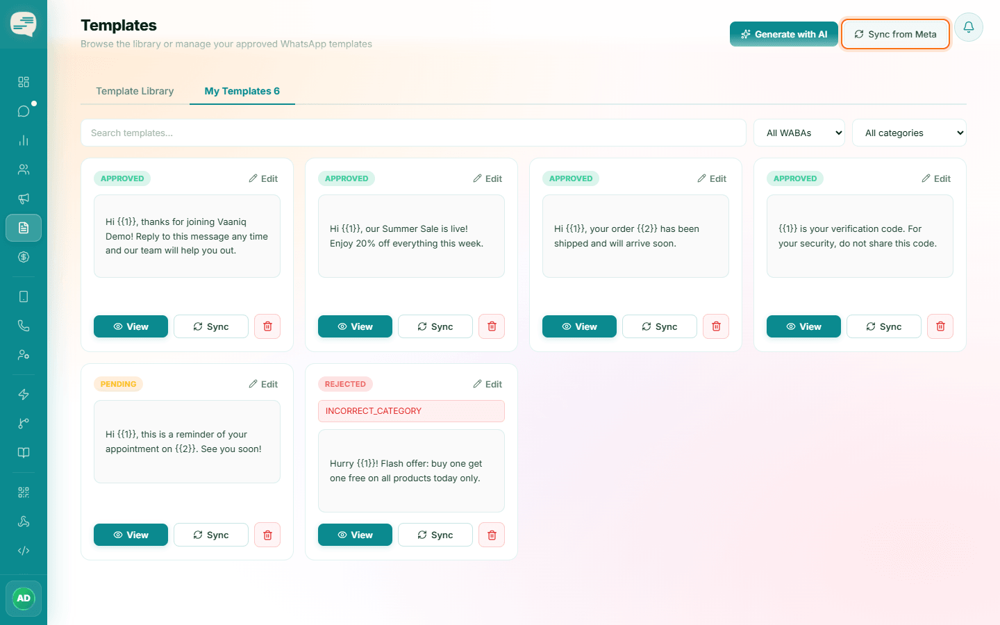 My Templates page with the Sync from Meta button highlighted